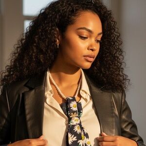 “Dainty Dapper”dark necktie necklace with daisy design and butter attachment